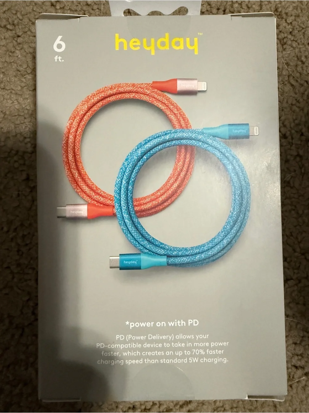 heyday Braided Lightning to USB-C Fast Charging Cables — Orange & Teal, 2-Pack